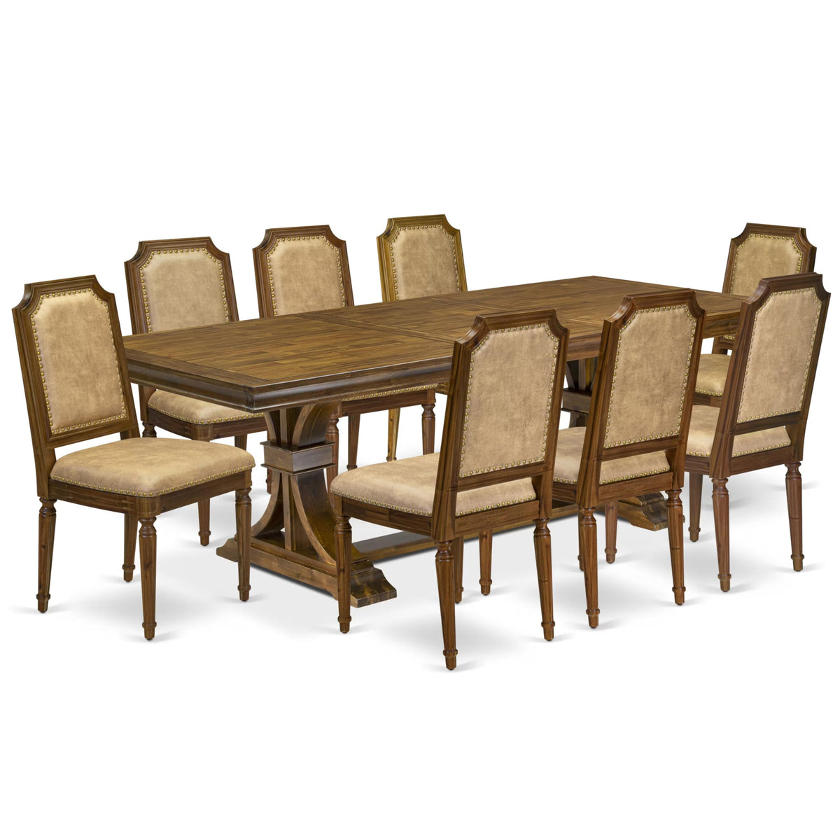 9 Piece Dining Table Set with 8 Beige Polyester Fabric Chairs S63402