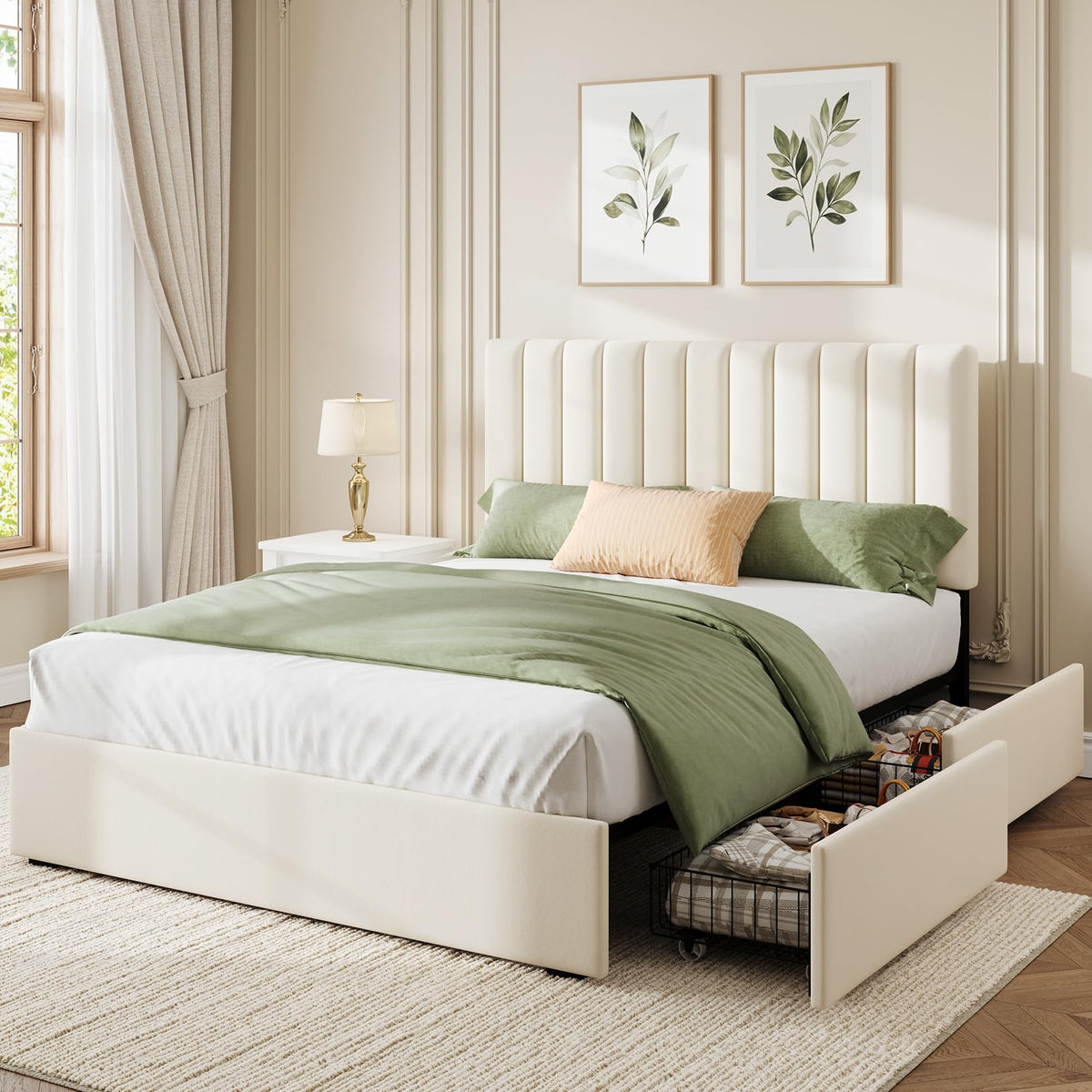 White Full Size Upholstered Bed Frame with Headboard & 4 Drawers P181536