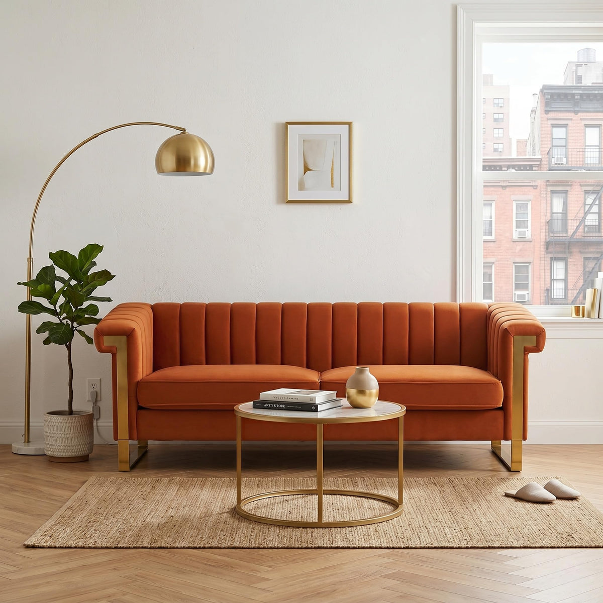 Orange Velvet 3-Seater Sofa S42998