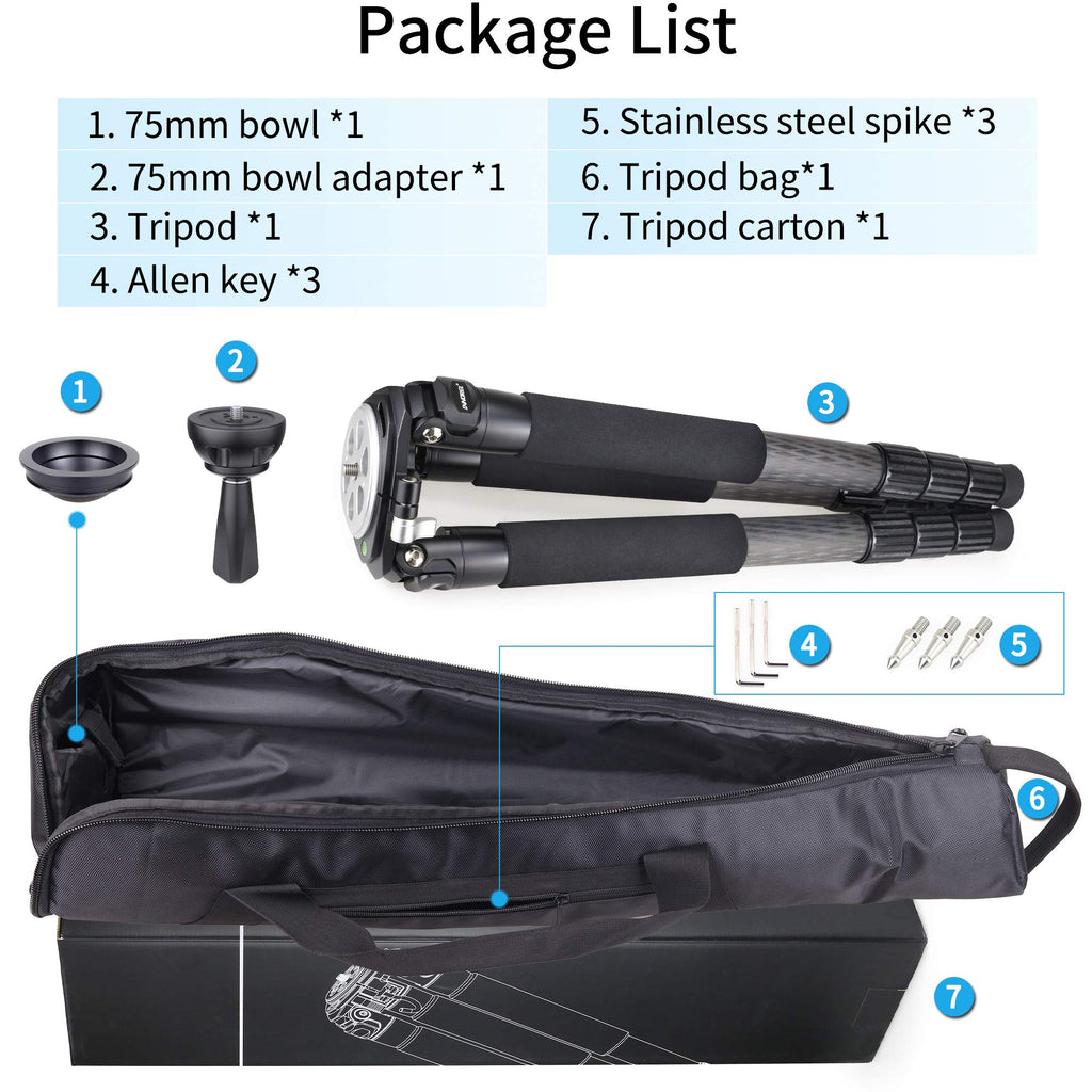 Carbon Fiber Heavy Duty Tripod with 75mm Bowl Adapter 63 inch Black Y2367