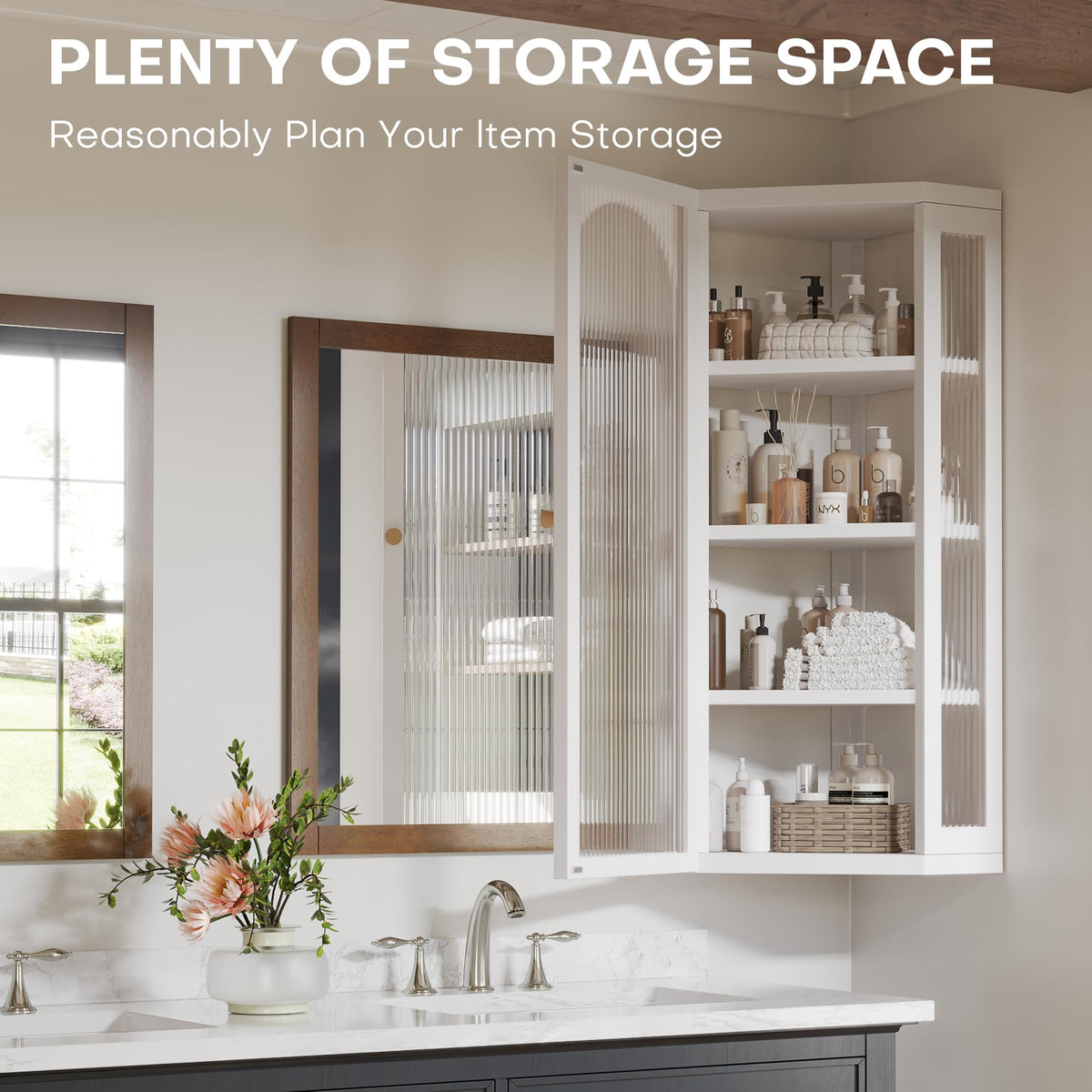 White Metal Corner Wall Cabinet with Glass Doors and Shelves X242868