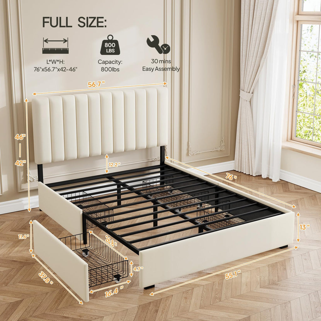White Full Size Upholstered Bed Frame with Headboard & 4 Drawers P181536