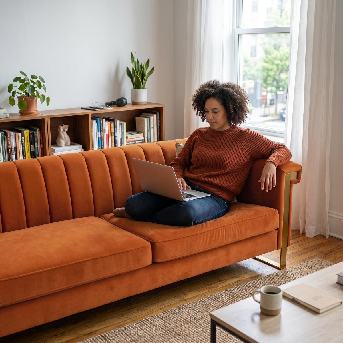 Orange Velvet 3-Seater Sofa S42998