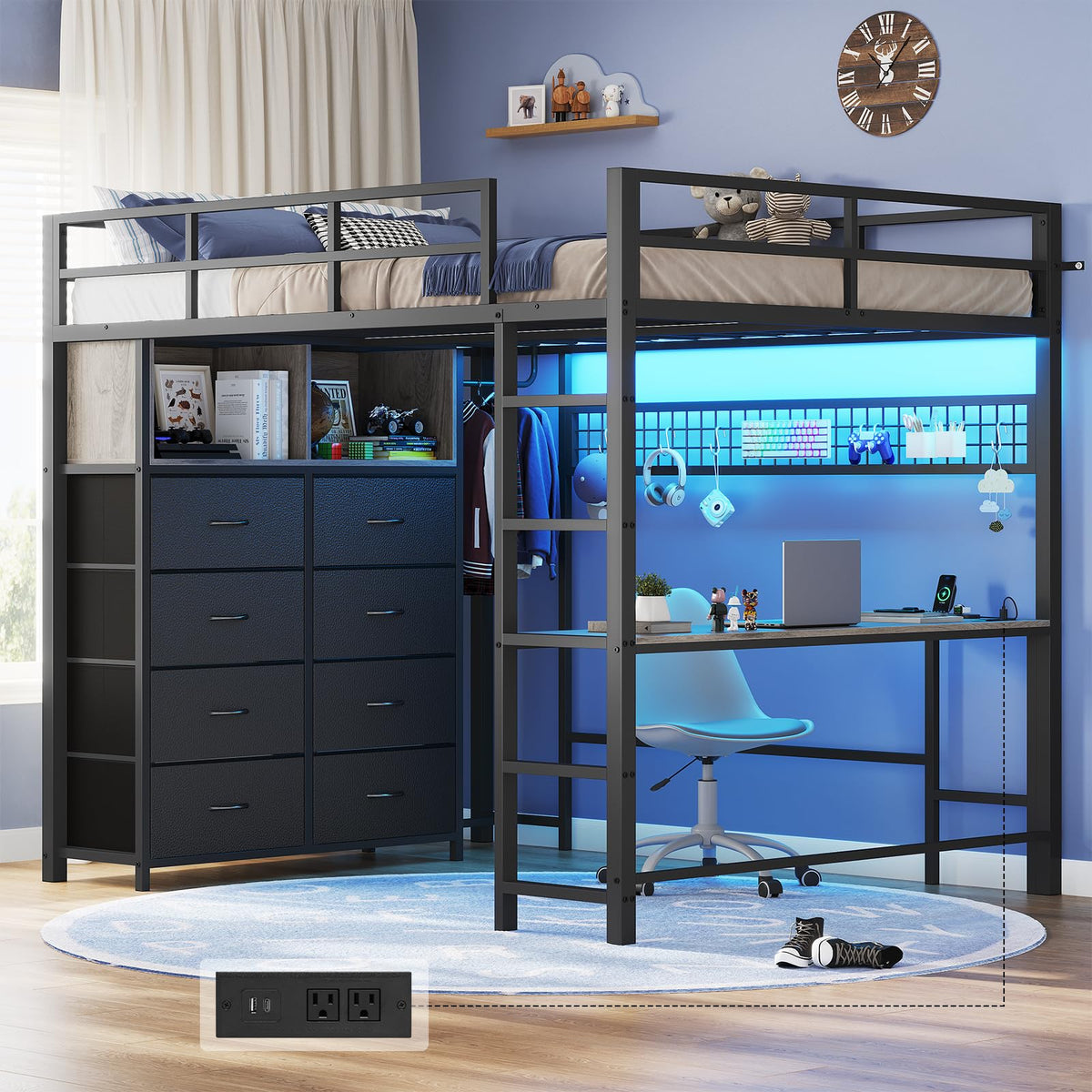 Full Size Loft Bed with Desk and 8 Storage Drawers Grey F677
