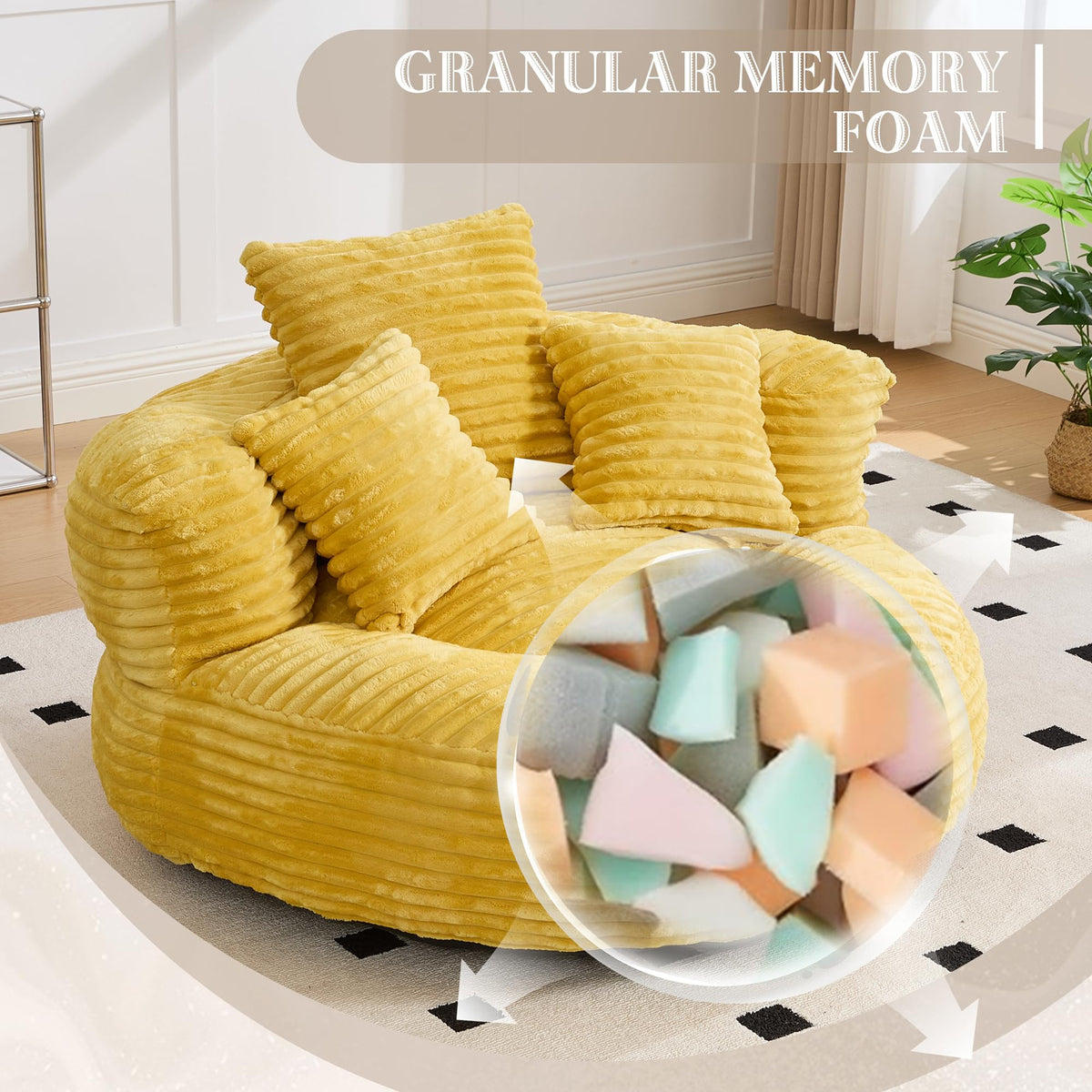 43" Mustard Yellow Corduroy Beanbag Sofa with Memory Foam P188004