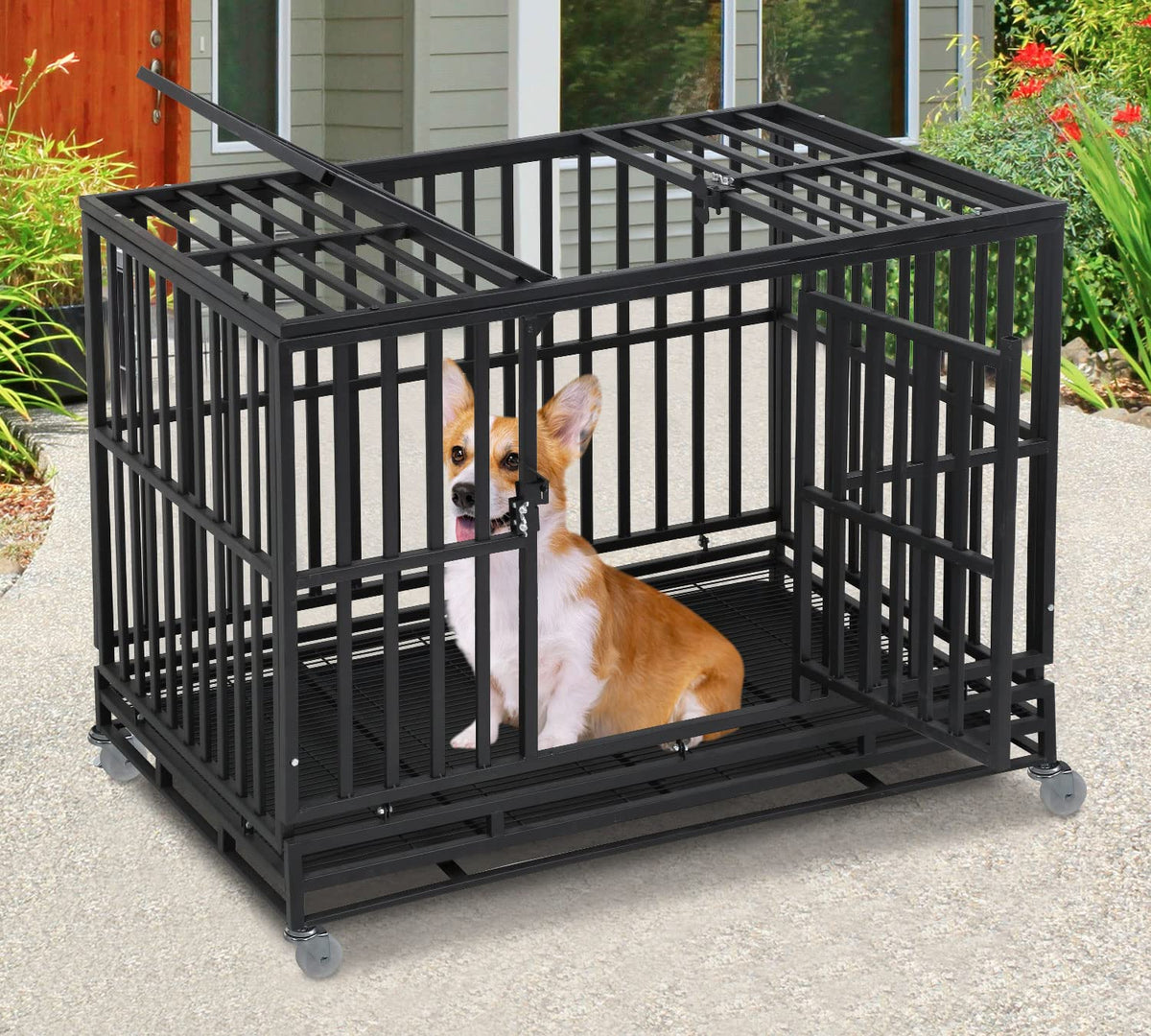 48 inch Metal Dog Crate with Wheels and Tray U718254