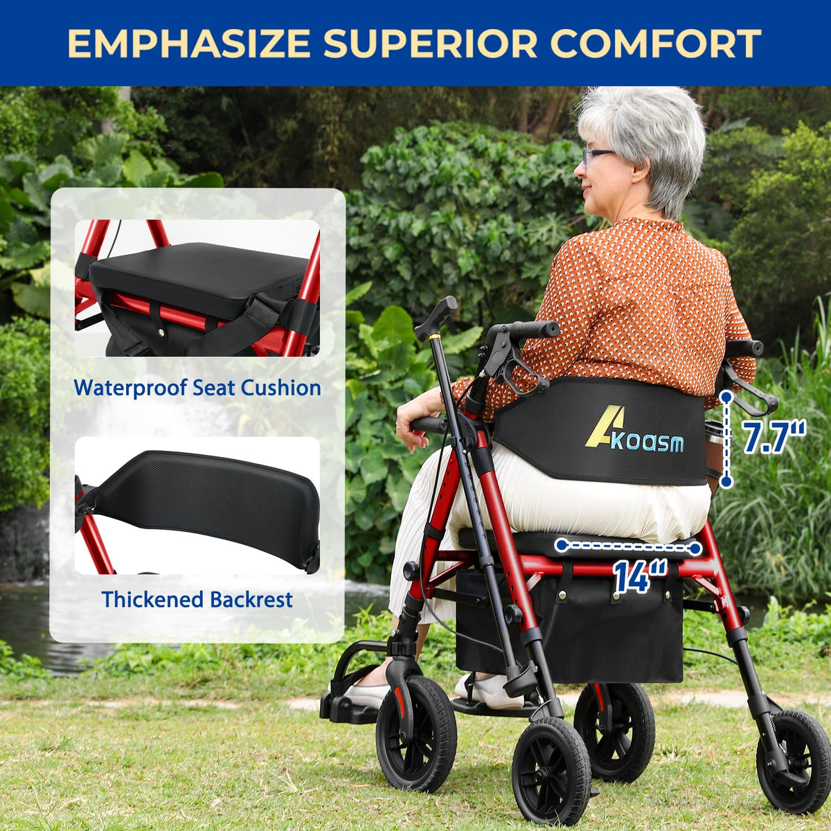 Foldable Rollator Walker with Seat, 2 in 1 Wheelchair Combo, Red V738730
