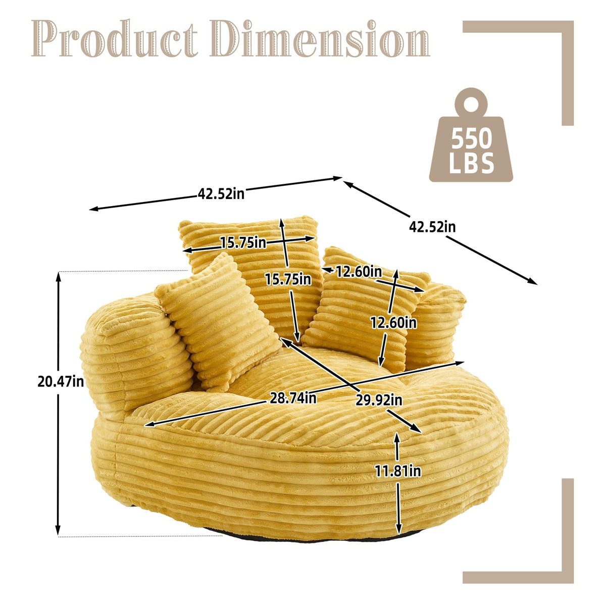 43" Mustard Yellow Corduroy Beanbag Sofa with Memory Foam P188004