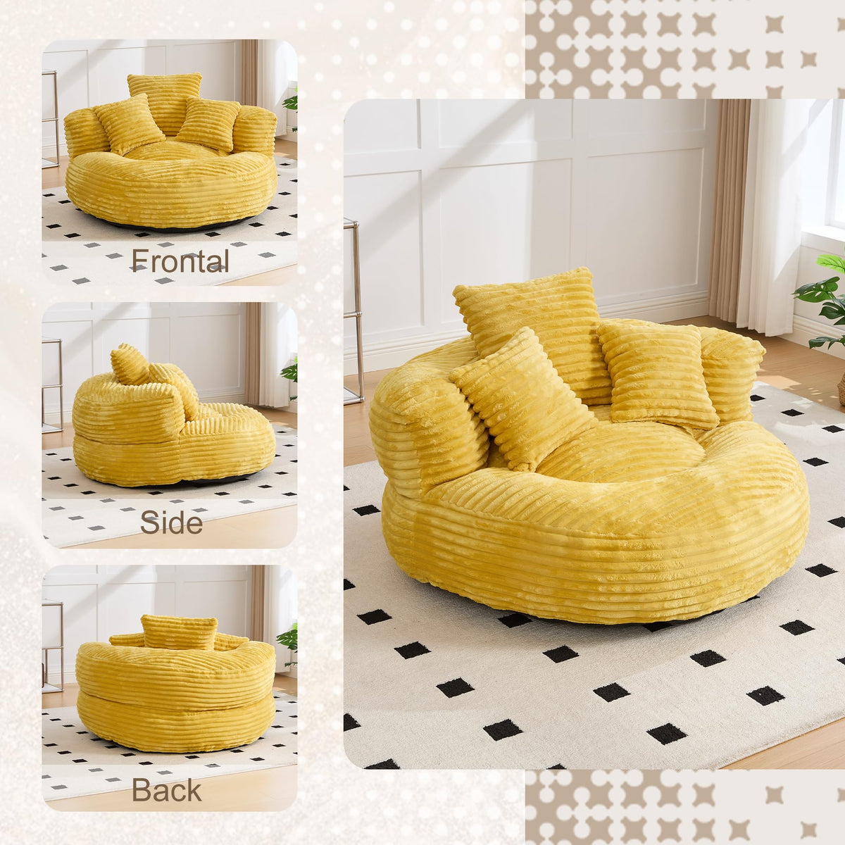 43" Mustard Yellow Corduroy Beanbag Sofa with Memory Foam P188004