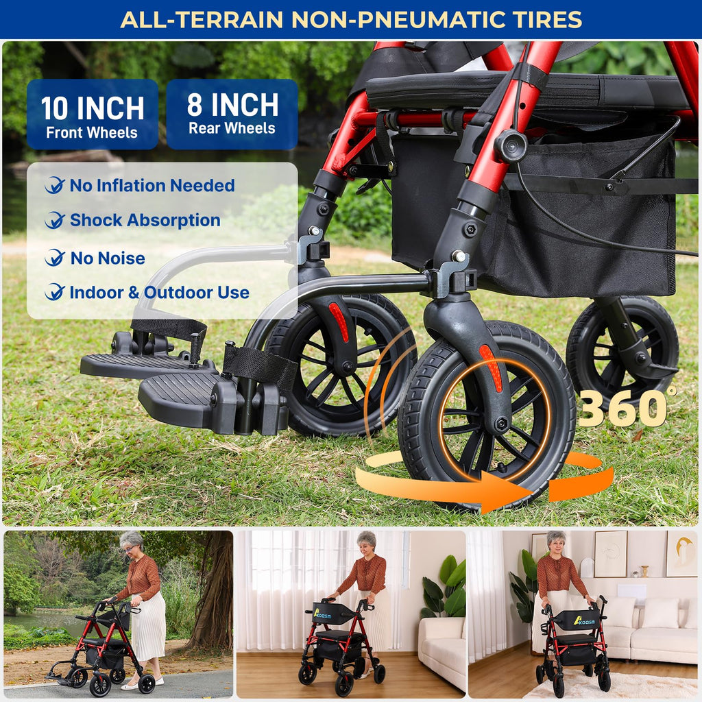 Foldable Rollator Walker with Seat, 2 in 1 Wheelchair Combo, Red V738730
