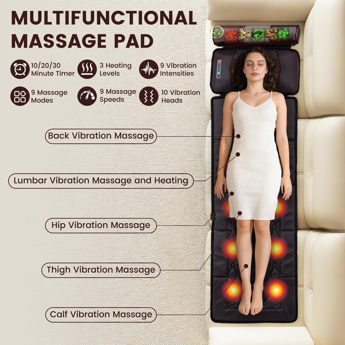Full Body Massage Mat with 10 Vibration Heads, 9 Speeds & 3 Heat Levels V472