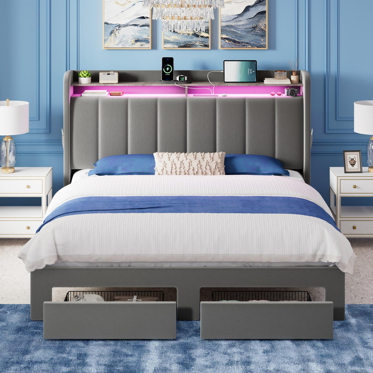 Full Size Bed Frame with Storage Headboard and Drawers T8225
