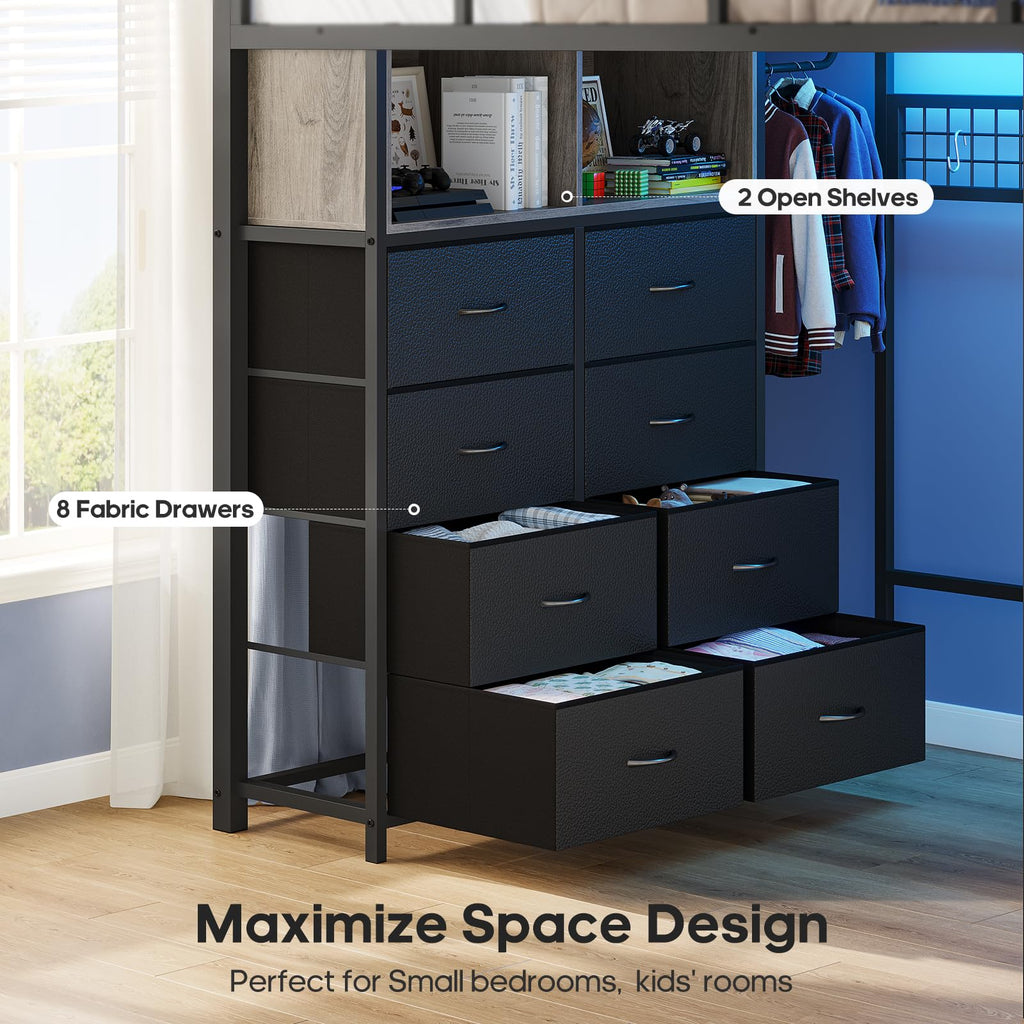 Full Size Loft Bed with Desk and 8 Storage Drawers Grey F677