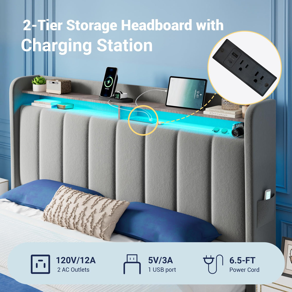 Full Size Bed Frame with Storage Headboard and Drawers T8225