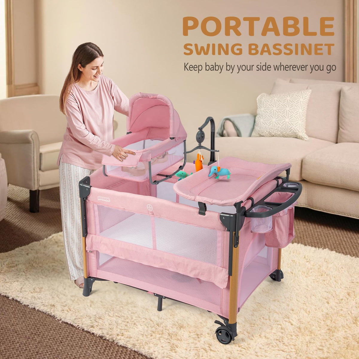 7 in 1 Pink Bedside Bassinet with Changing Table X157