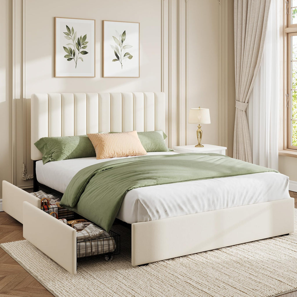 White Full Size Upholstered Bed Frame with Headboard & 4 Drawers P181536