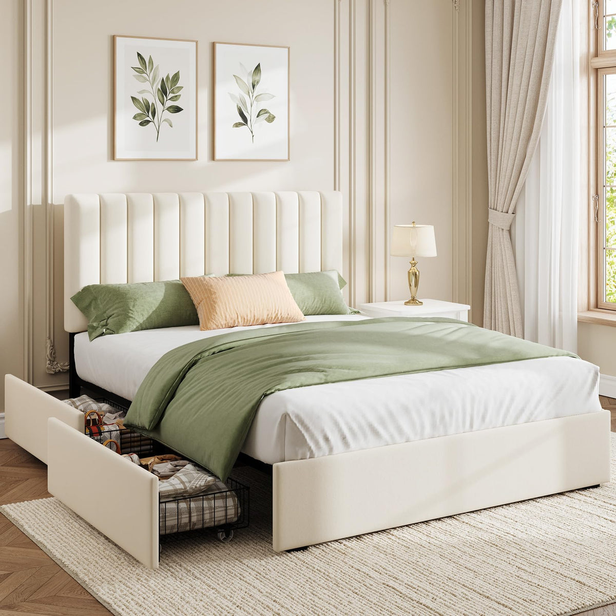 White Full Size Upholstered Bed Frame with Headboard & 4 Drawers P181536