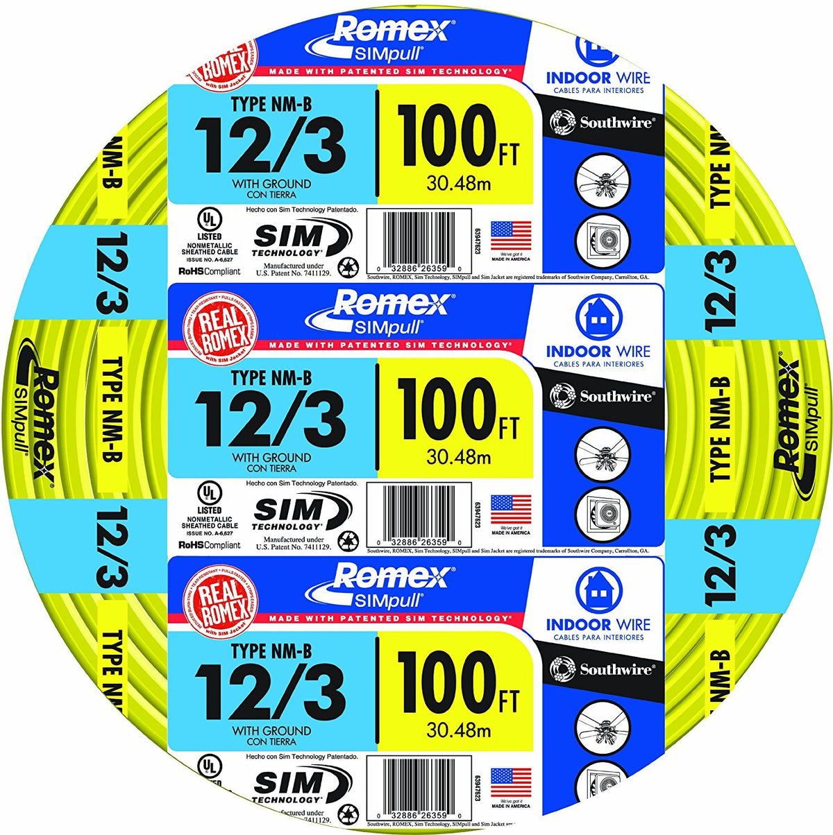 100' 12/3 with Ground Indoor Electrical Wire NM-B Yellow Q8807