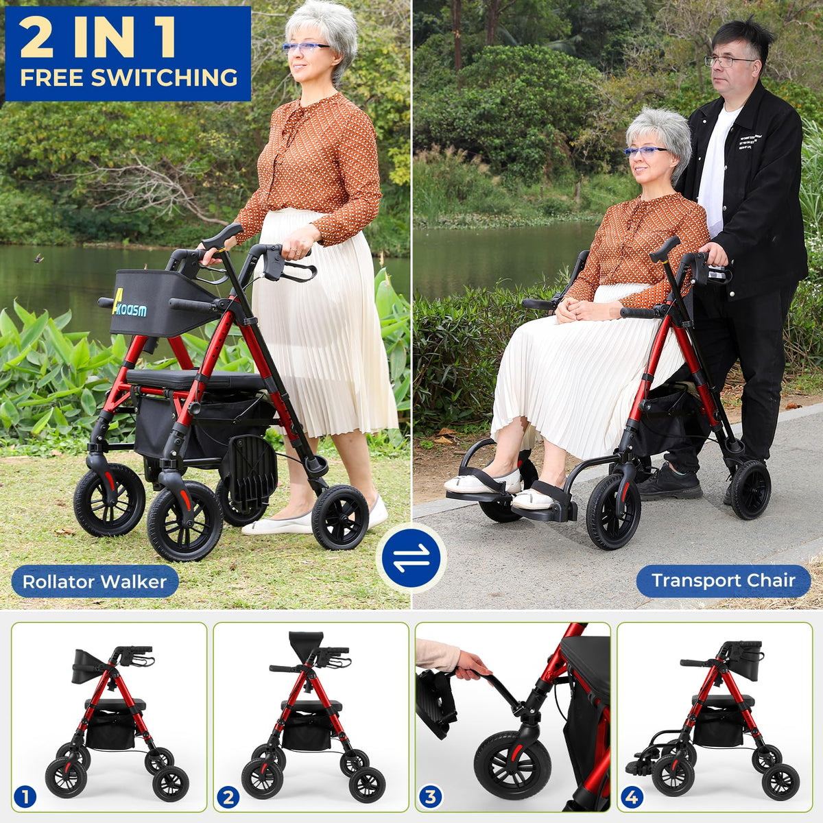 Foldable Rollator Walker with Seat, 2 in 1 Wheelchair Combo, Red V738730