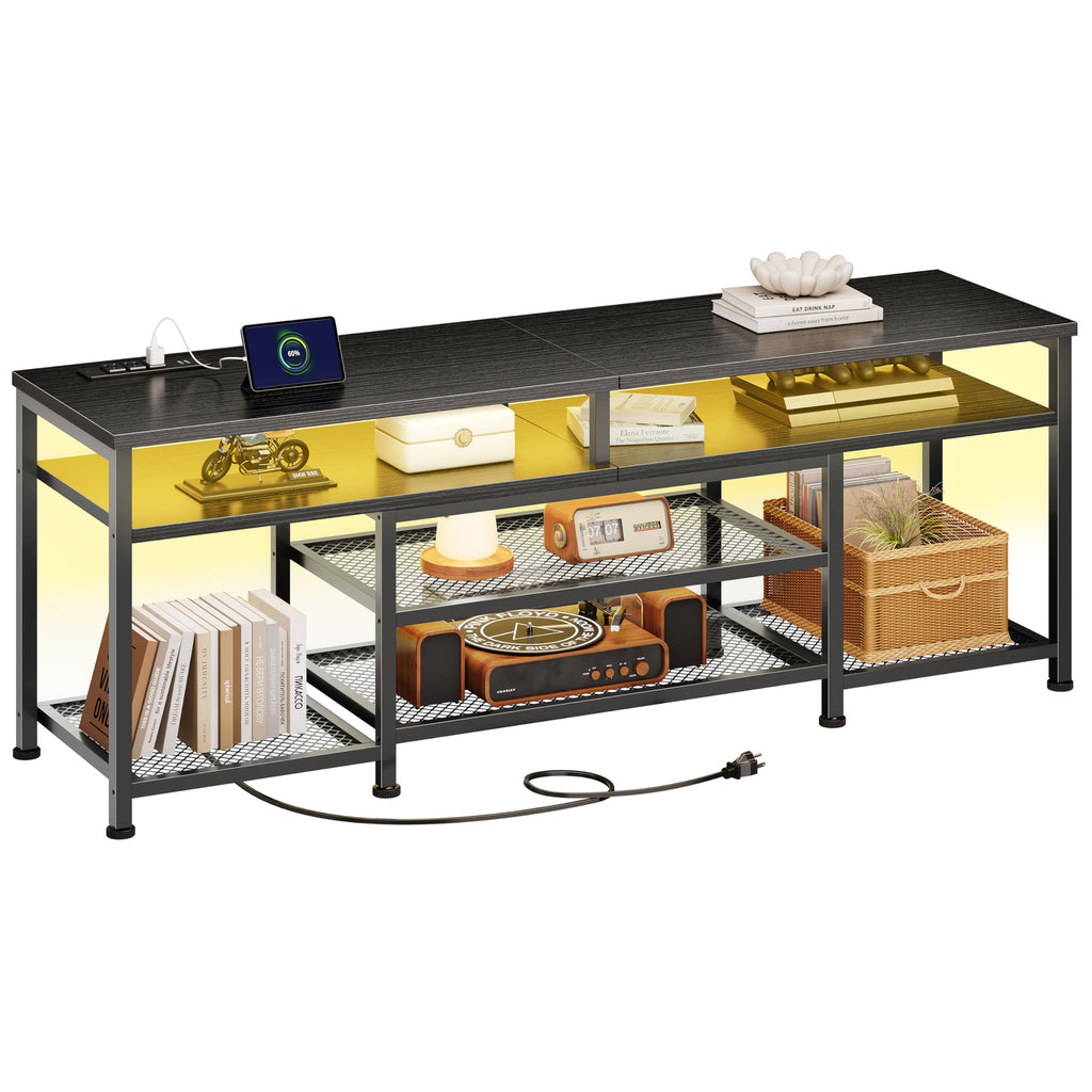 63 Inch TV Stand with Power Outlets & LED Lights, Black I717