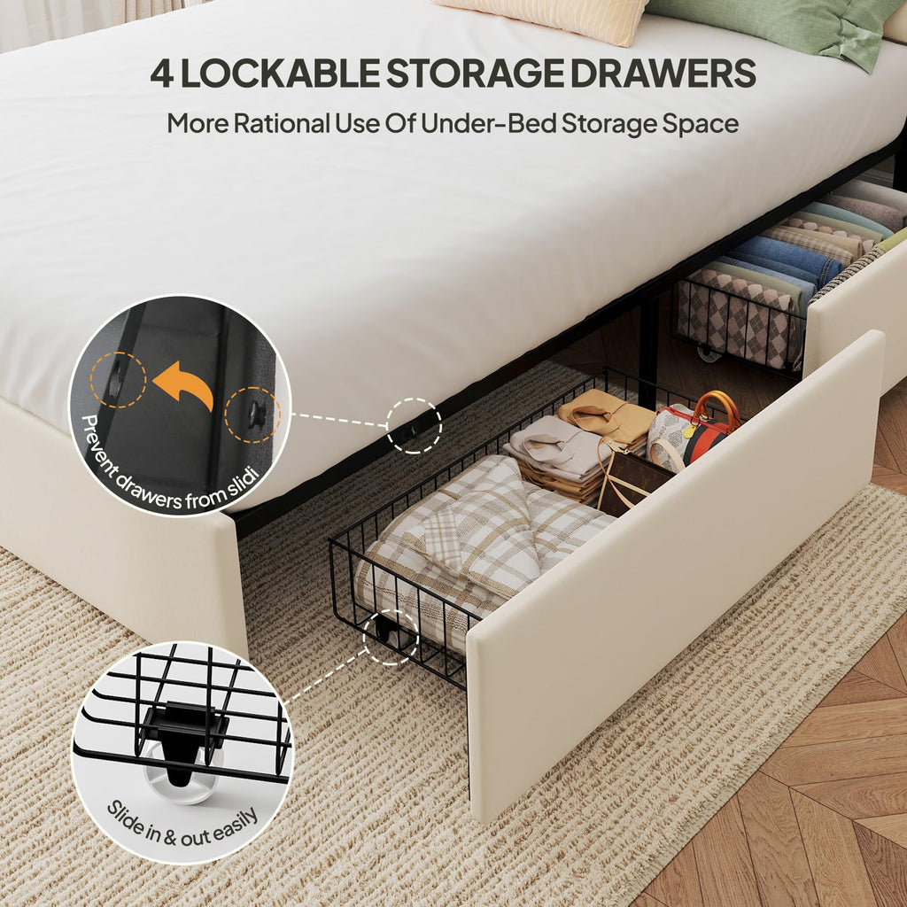 White Full Size Upholstered Bed Frame with Headboard & 4 Drawers P181536