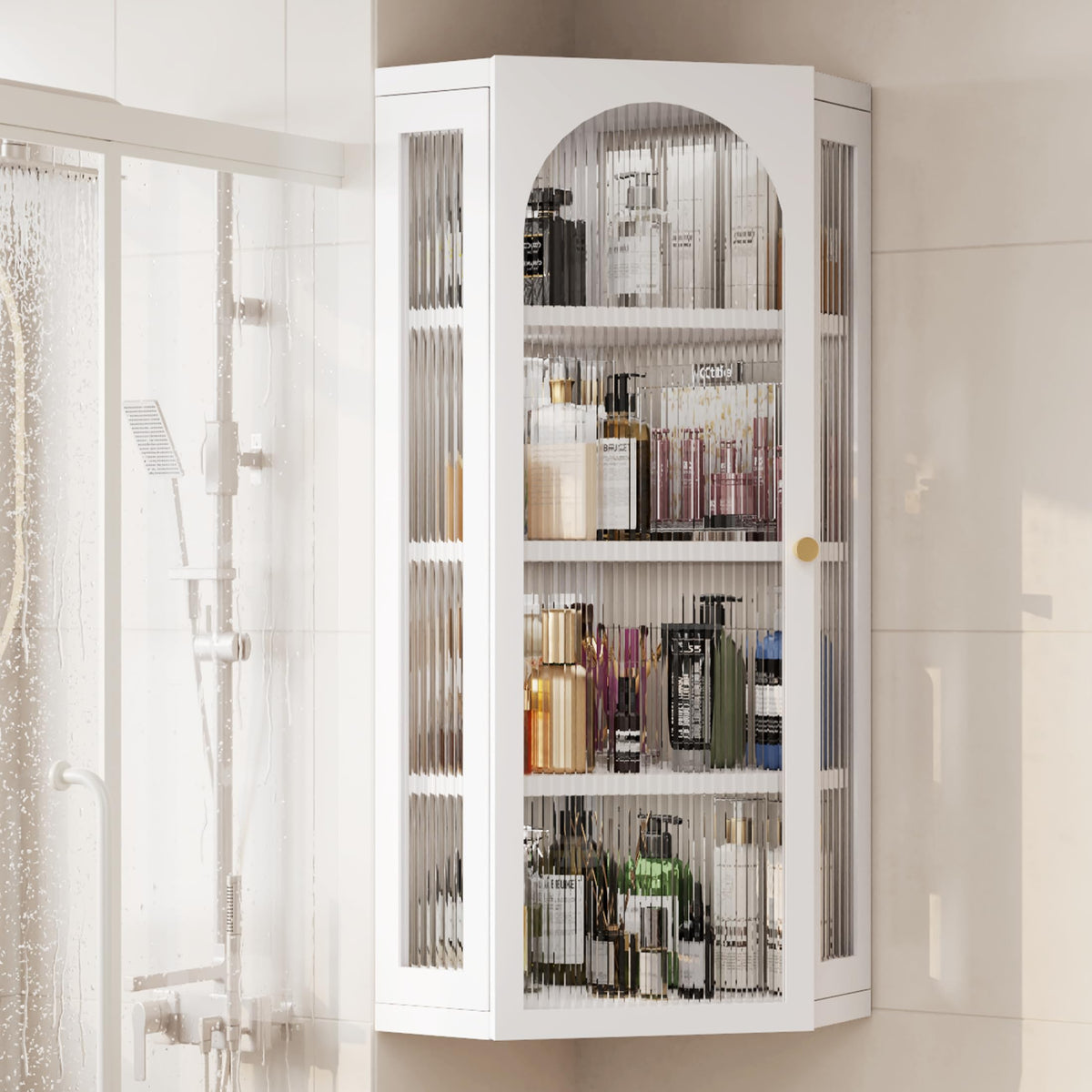 White Metal Corner Wall Cabinet with Glass Doors and Shelves X242868