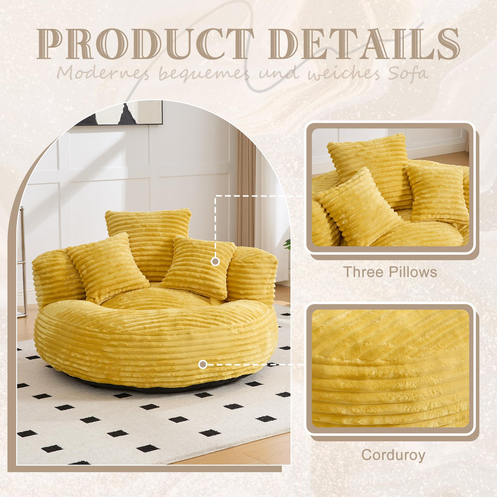 43" Mustard Yellow Corduroy Beanbag Sofa with Memory Foam P188004