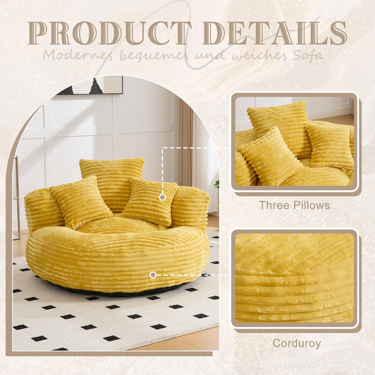 43" Mustard Yellow Corduroy Beanbag Sofa with Memory Foam P188004