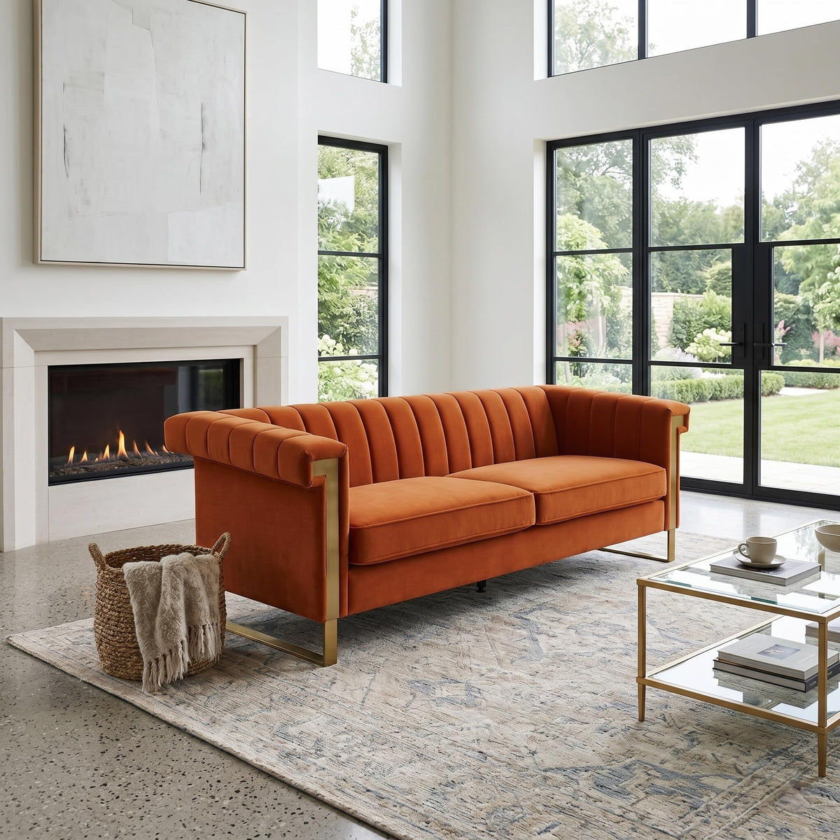Orange Velvet 3-Seater Sofa S42998