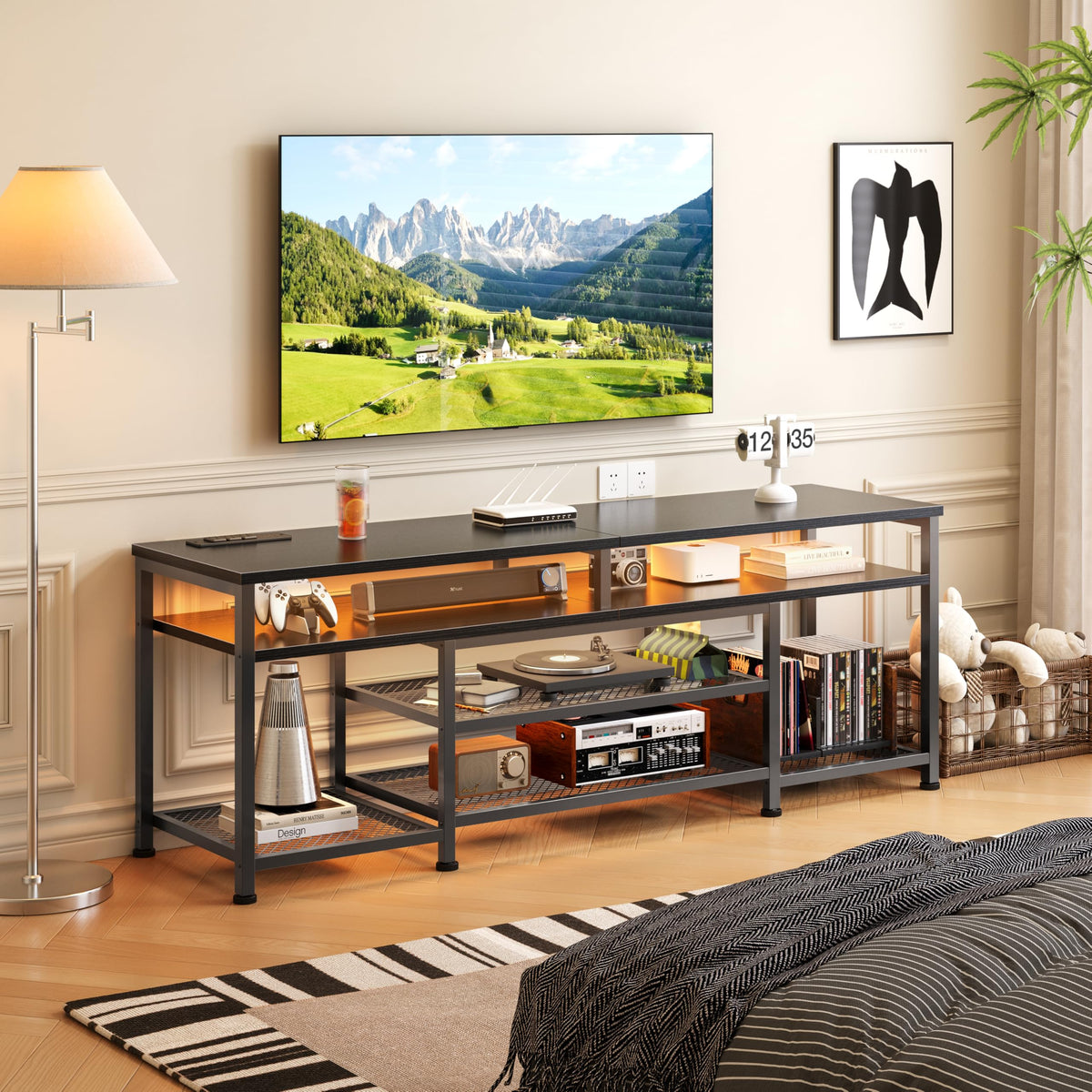 63 Inch TV Stand with Power Outlets & LED Lights, Black I717