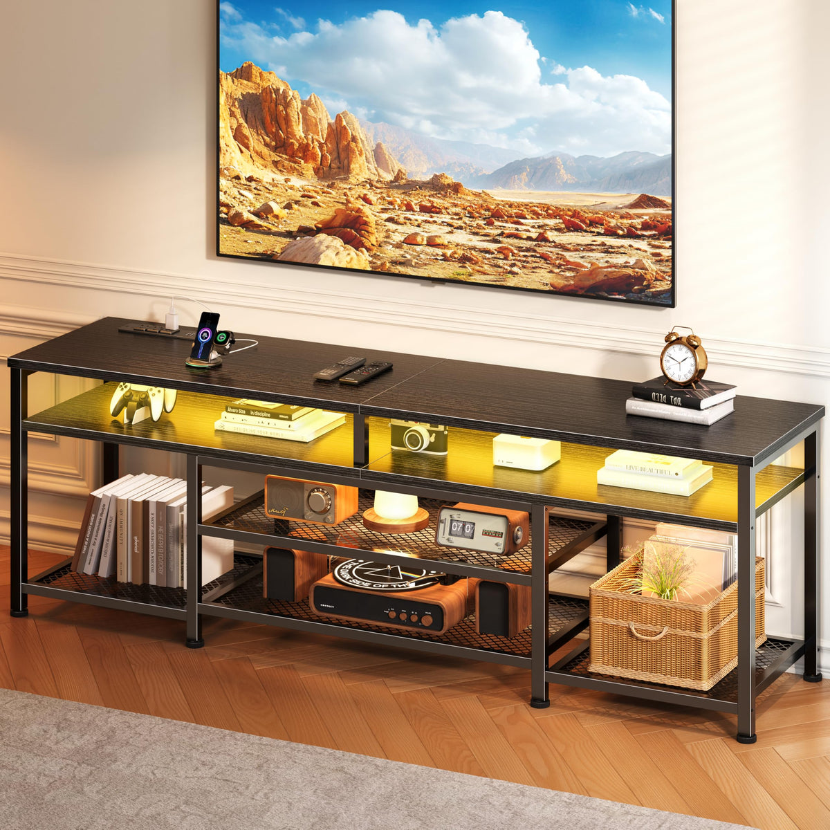 63 Inch TV Stand with Power Outlets & LED Lights, Black I717
