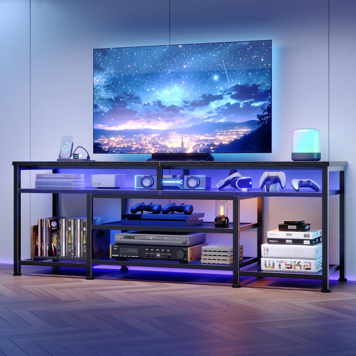 63 Inch TV Stand with Power Outlets & LED Lights, Black I717