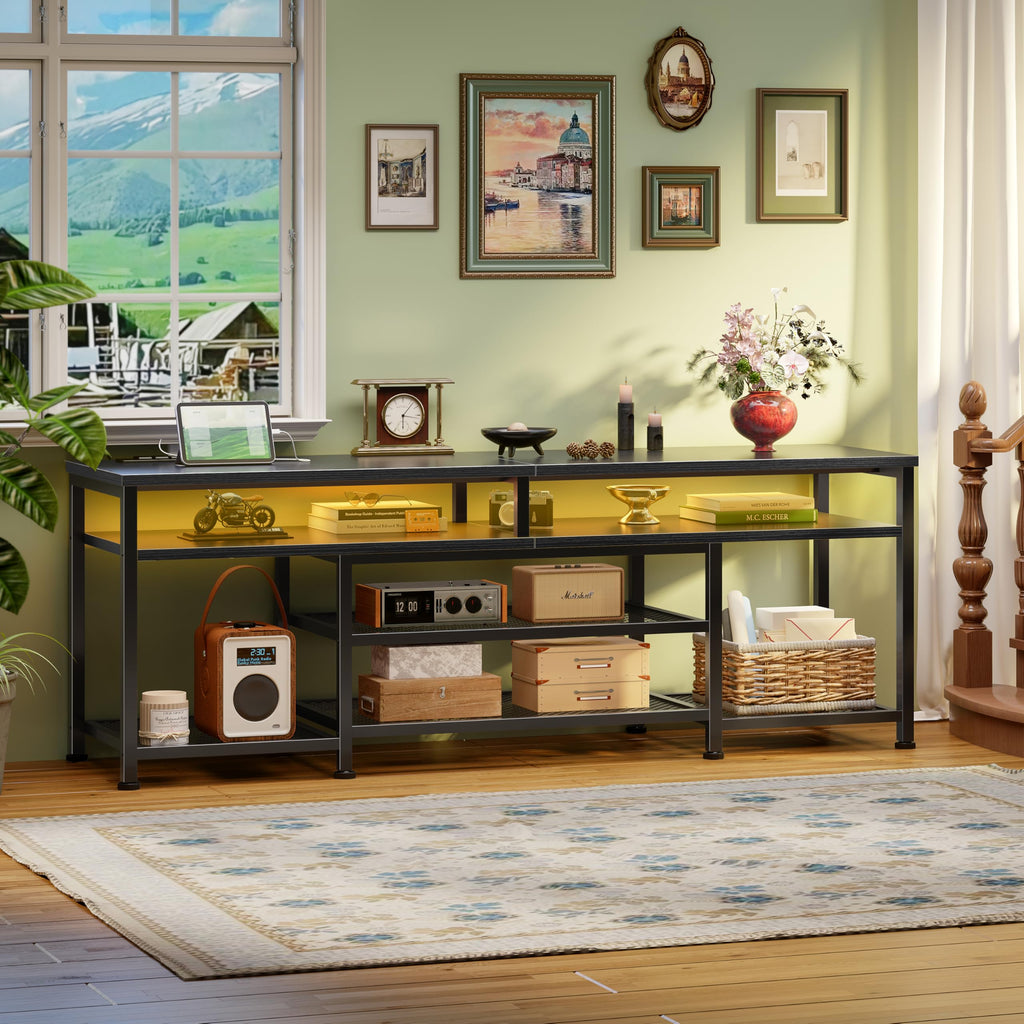 63 Inch TV Stand with Power Outlets & LED Lights, Black I717