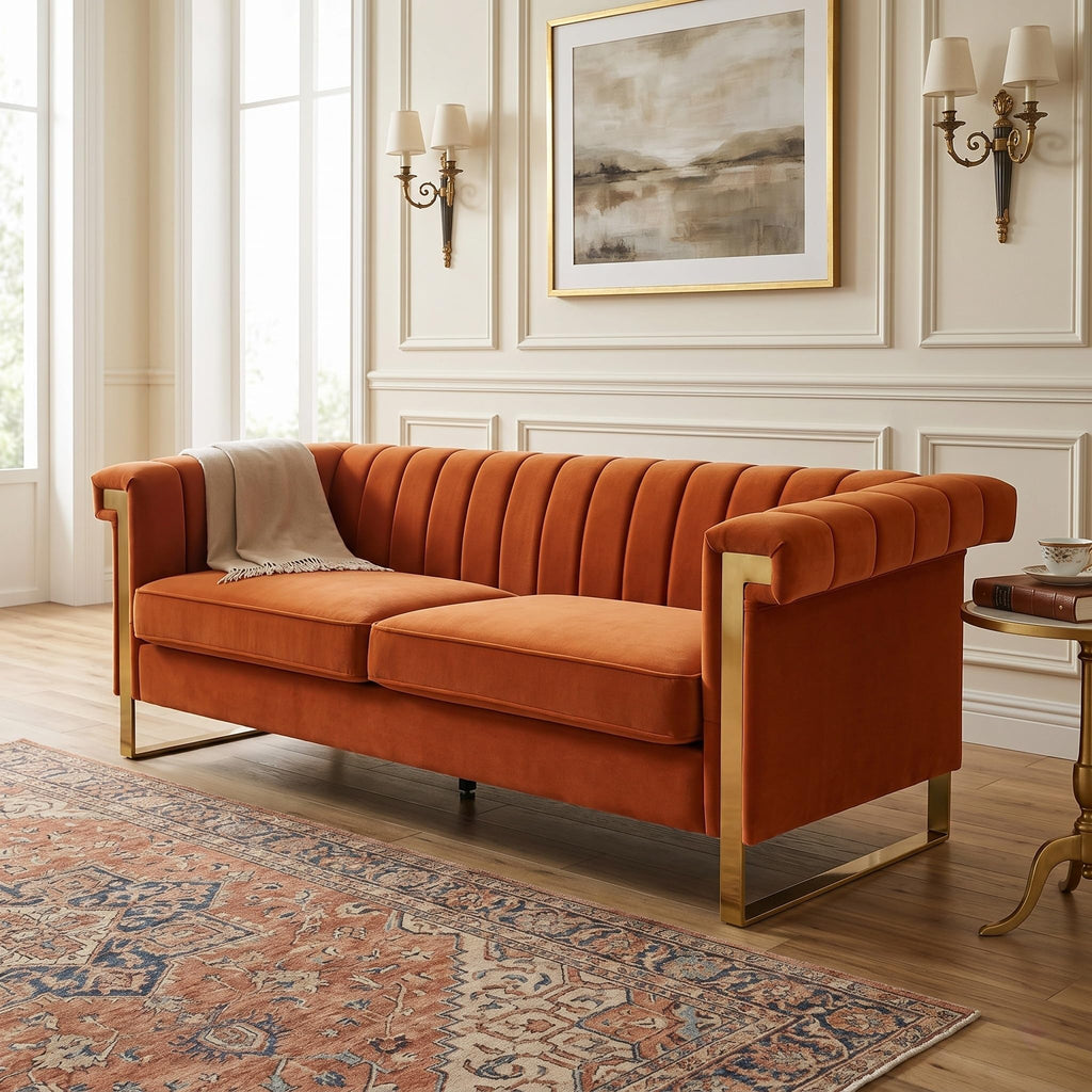 Orange Velvet 3-Seater Sofa S42998