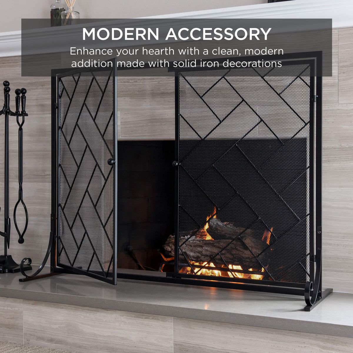 Black 2-Panel Wrought Iron Fireplace Screen W935067