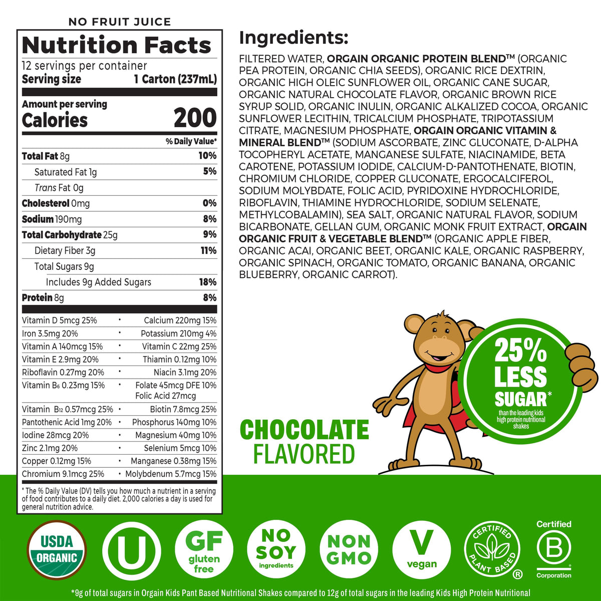 Organic Vegan Kids Protein Shakes Chocolate 8 Fl Oz 12 Pack X5396